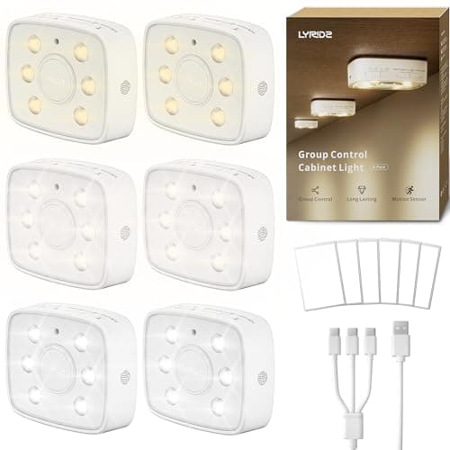Lyridz Motion Sensor Under Cabinet Lights, Wireless Group Sync Stair Lights (6 Pack), 4000mAh Rechargeable Battery, 4 Color Temps & Dimmable, Magnetic Stick-on Night Light for Kitchen, Closet, Hallway - Image 1
