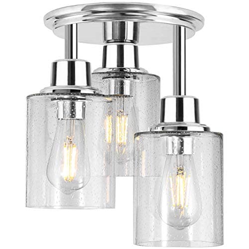 Semi Flush Mount Ceiling Light, 3-Light Close to Ceiling Light Fixtures, Electroplating Chrome Finish with Clear Seeded Glass Shade Chandelier Lighting for Stairs Porch Hallway Entryway Kitchen