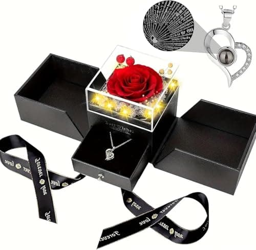 Preserved Real Red Rose with Heart Necklace I Love You in 100 Languages,Romantic Valentine's Day Gifts for Her, Christmas Gifts for Wife, Mother's Day, Birthday Gifts，Anniversary Gifts for Girlfriend - Image 1