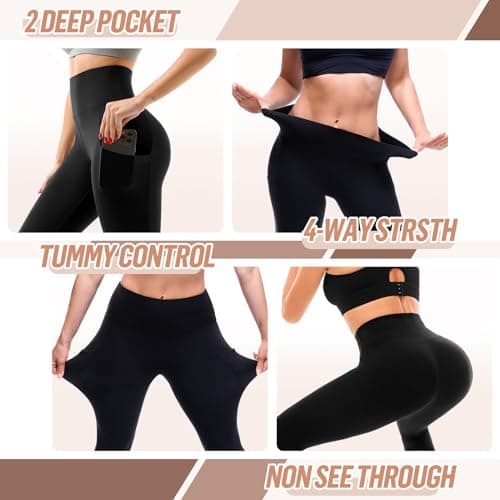 SINOPHANT High Waisted Leggings with Pockets Women, Full Length Capri Buttery Soft Stretchy Yoga Pants(Capri Brown,L-XL) - Thumbnail 4