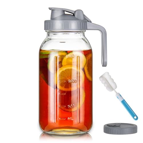 YEBODA 64oz Glass Pitcher with Lid, 2 Quart Mason Jar Pitcher with Pour Spout Lids, Wide Mouth Jar Leakproof Glass Jug, Heavy Duty Container for Water, Juice, Milk, Tea, Iced Coffee, and Drinks -Grey - Image 1