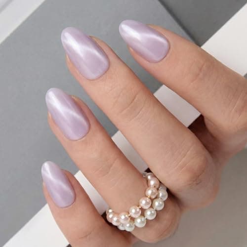 Bioday Press on Nails Short Almond, Soft Gel Purple Cat Eye Fake Nails Kit, Reusable Stick on Nails with Glue, 30Pcs 15 Sizes Salon Quality False Nails, Ideal for Spring Summer Vacation DIY Gifts - Image 1