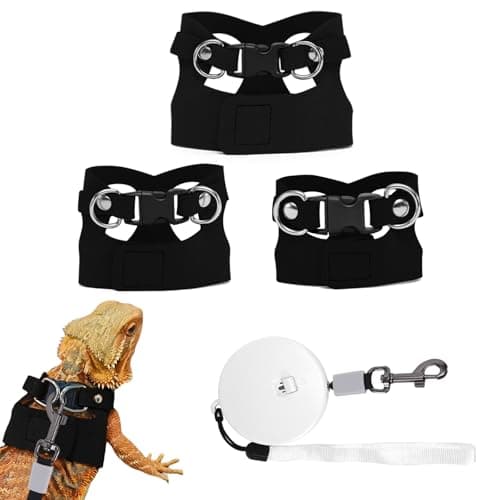 VOXGET 3 Pack Bearded Dragon Leash and Harness Set, Retractable 9.8FT Leash with 3 Sizes Adjustable Soft Harness for Reptile Small Animals Walking, Cute Lizard Vest Clothes for Reptile Lovers -Black - Image 1