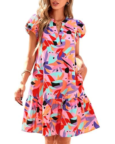 dowerme Womens Summer Dresses 2026 Puffy Sleeve V Neck Loose Floral Print A Line Boho Mini Babydoll Dress with Pockets(Red,XX-Large) - Image 1