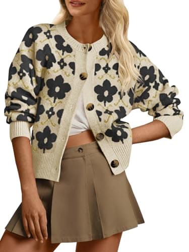 Saodimallsu Womens Floral Cardigan Sweaters Black Long Sleeve Open Front Button Down Knit Sweater Coat for Trendy 2026 - Image 1