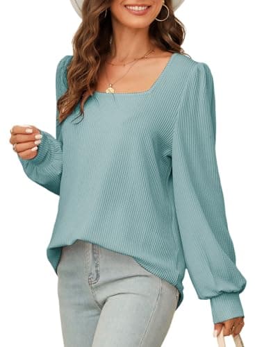 Dokotoo Women's Tops Cute Square Neck Ribbed Knitted Long Sleeve Solid Color Sweatshirt Fall Fashion 2024 Waffle Knit Shirt Tops Casual Striped Tunic Blouses Blue Small - Image 1