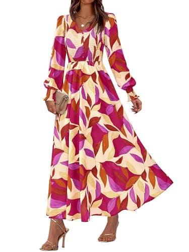 BTFBM Women Fall Wedding Guest Maxi Dresses 2025 Floral V Neck Long Sleeve Boho Long Dress Vacation(Leaves Rose Red,X-Large) - Image 1