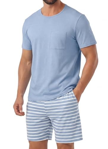 PrinStory Mens Pajamas Set Short Sleeve Pjs 2 Piece Pajama Soft Sleepwear Loungewear with Pockets Light Blue Stripe-XL - Image 1