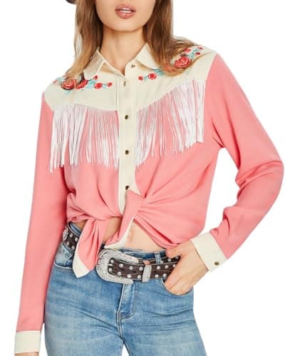 JOHN MOON Women's Fringe Western Shirts Floral Embroidered Button Down Shacket Rodeo Cowgirl Country Top Long Sleeve Pink - Image 1