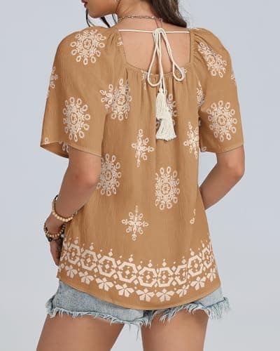 IEEILULU Boho Tops for Women Floral Print Square Neck Loose Fit Blouses Tunic Casual Beach Vacation Shirts Yellow White XL - Thumbnail 2