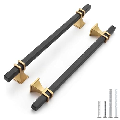 Haliwu 10 Pack Black and Gold Cabinet Pulls, 6-5/16 inch Kitchen Handles, Square Dresser Drawer Hardware - Image 1