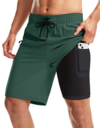 Pinkbomb Men's Swim Trunks with Compression Liner 9 Inch Quick Dry Swimsuit Swimming Swim Board Shorts for Men with Pockets (Green, L) - Image 1