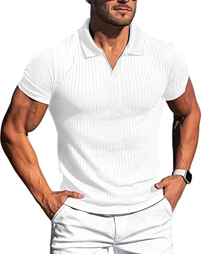 Collared Muscle Shirts for Men Ribbed Knit Slim Fit Polo Shirts Short Sleeve, Mens V Neck T Shirts Casual Stylish White - Image 1