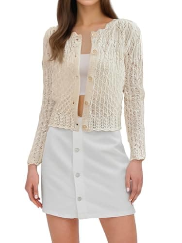 GORGLITTER Women's Button Up Cropped Cardigan Fall Sweaters Lightweight Open Front Cute Long Sleeve Crochet Knit Tops Beige Medium - Image 1