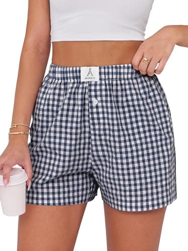 ANRABESS Boxer Shorts for Women Gingham Pajama 2026 Summer Casual Lounge Sleep Plaid Shorts Y2K Beach Bottoms Navy Blue White Plaid X-Small - Image 1