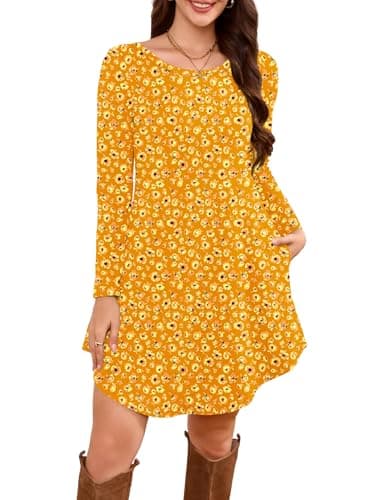 DEARCASE Women's Long Sleeve T Shirt Dress Floral Yellow Crush Flower XX-Large Crewneck Knee Length Loose Casual Flowy Swing Tunic Dresses with Pockets - Image 1