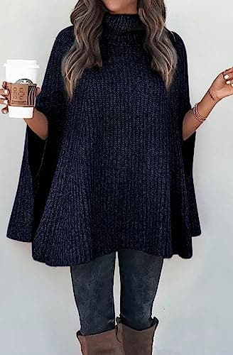 KIRUNDO Women's 2026 Fall Winter Turtleneck Poncho Sweater Fashion Chunky Knit Cape Wrap Sweaters Pullover Jumper Tops(Navy, Medium) - Thumbnail 4