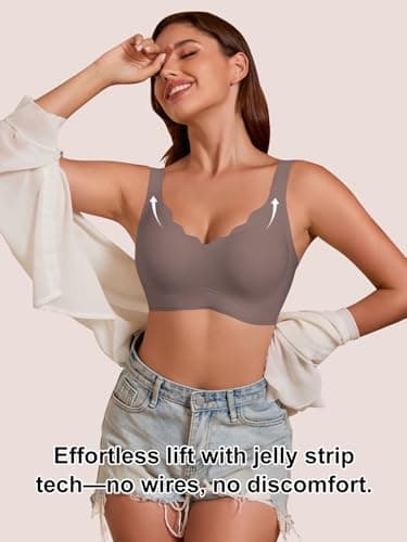 COCOMARTS Jelly Bras for Women No Underwire Seamless Push Up Scalloped Tshirt Bralettes Comfortable Wireless Everyday Bra Coffee Medium - Thumbnail 6