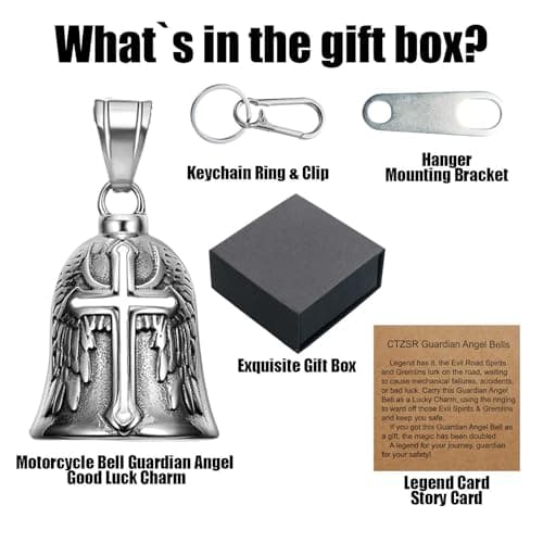 CTZSR Motorcycle Bell Guardian Angel - Good Luck Charm Gift For Rider Men Kids Friends With Gift Box, Legend Card, Keychain And Hanger & Weather-resistant Gremlin Bells For Bike Car (White) - Thumbnail 6