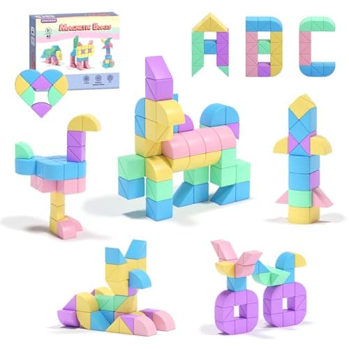 Hiwawind 40Pcs Magnetic Blocks, 1-Inch Soft Rainbow Magnetic Cubes (Triangles & Quarter Circles), Montessori Sensory Autism Toys for Boys & Girls, for Kids Ages 3+ - Image 1