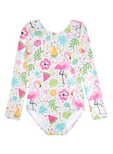 HOZIY Ropa De Nina De Gimnasia Gymnastics Leotards With Sleeves for Kids Little Girls Size 8-9 9-10 8-10 Year Old Flamingo Pink White Floral Flower Pattern Shiny - Image 1