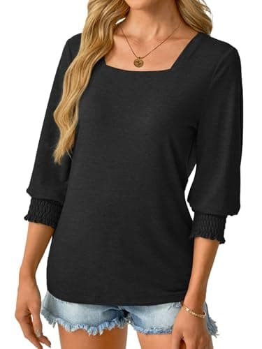 GKBK Womens 3/4 Sleeve Shirts Square Neck Dressy Casual Blouses Spring Summer Smocked Cuffs Tops A- Black - Thumbnail 3