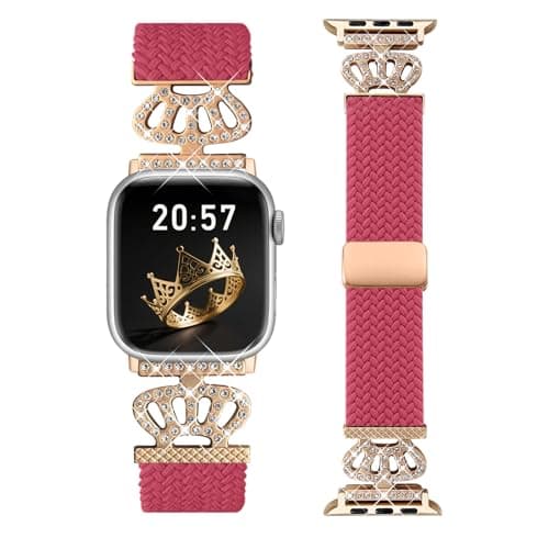 Chinber Braided Band Compatible with Apple Watch Bands 40mm 38mm 41mm 42mm 44mm 45mm 46mm 49mm,Magnetic Soft Nylon Stretchy Strap with Designer Bling Crown Strap for Series 10/9/8/7/6/5/4/3/2/SE/Ultra - Image 1