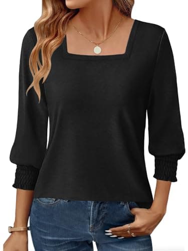GKBK Womens 3/4 Sleeve Shirts Square Neck Dressy Casual Blouses Spring Summer Smocked Cuffs Tops A- Black - Image 1