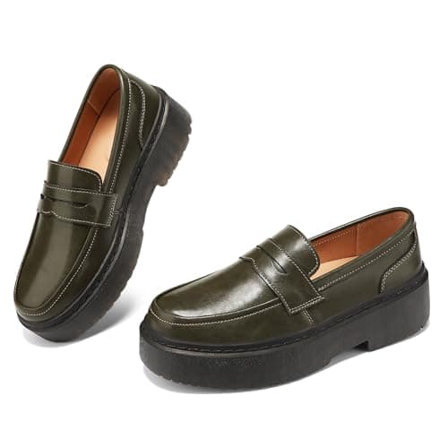 BEAUSEEN Women's Platform Chunky Penny Loafers Comfortable Lug Sole Slip-On Business Work Casual Dressy Shoes Olive, 7 US - Image 1