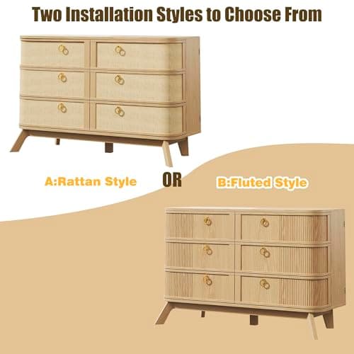 HUAHUU 6 Drawer Rattan Dresser for Bedroom, 43'' Fluted Modern Wooden Dresser with Metal Handles&Wood Legs, Curved Profile Design, Boho Chest of Drawers for Bedroom, Living Room, Natural - Thumbnail 6