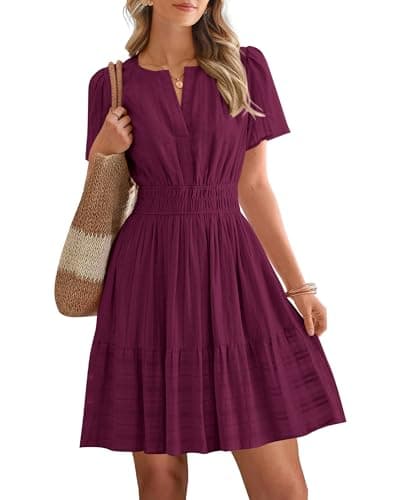 BTFBM Womens Spring 2026 Casual Mini Dresses Lightweight Short Sleeve V Neck Elastic Waist Cute Boho Beach Dress Pockets(Burgundy, X-Large) - Image 1