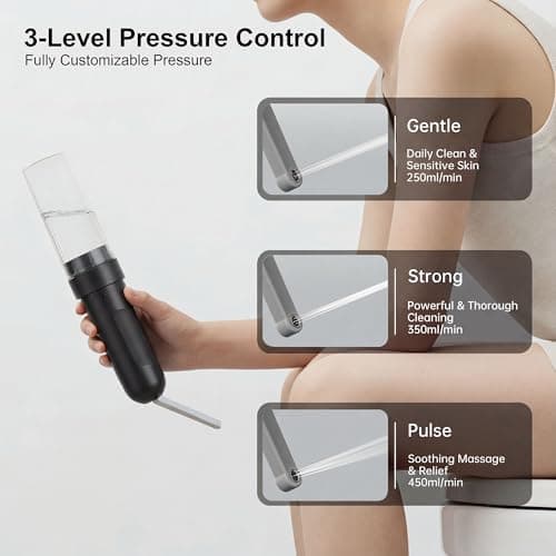 WeWi HLTH Portable Bidet for Travel | Bathroom - Rechargeable Electric Bidet Sprayer with 3 Pressure | Waterproof for Ultimate Personal Hygiene Cleaning at Home Office and Camping (Black) - Thumbnail 4