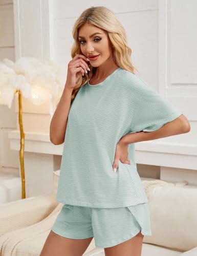 JUSTFASHIONNOW Womens Pajama Sets Shorts Striped Print Two Piece Lounge Sets Crew Neck Sleepwear Soft Pjs Split Shorts Set Summer Outfits Cute Pajama Sets for Women Pink S Cyan S - Thumbnail 3