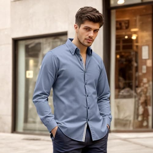 Men's Shirt Casual Stylish Long Sleeve Untucked Button Down Shirt Winter Spring Mens Dress Shirts Blue - Thumbnail 2
