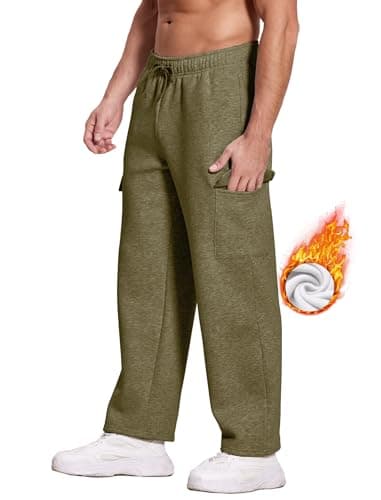 Deyeek Men's Jogger Sweatpants Open Bottom Cargo Sweatpants for Men Baggy Fleece Lined Sweat Pants Thick Cotton Lounge Sweats Olive Green - Thumbnail 5