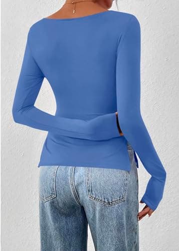 KIRUNDO Long Sleeve Going Out Tops for Women 2026 Spring Fall Casual Boat Neck Workout Shirts Fitted Side Slit Basic Tees(Blue, XX-Large) - Thumbnail 2