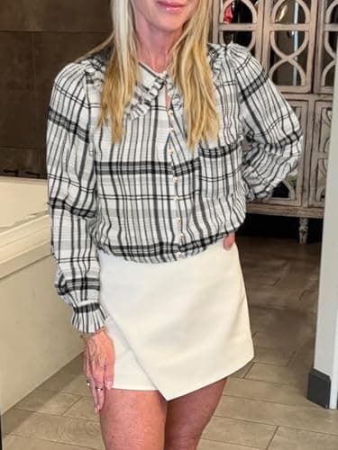 Tankaneo Womens Peter Pan Collar Button Down Shirts Long Sleeve Plaid Blouse Dressy Casual Fall Tops Black White - Thumbnail 6