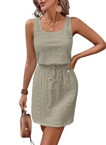 Acelitt Spring Summer Tank Dresses for Women 2026 Hollow Out Textured Drawstring Mini Dress Beach Vacation Outfits Four Leaf Clover Medium - Image 1