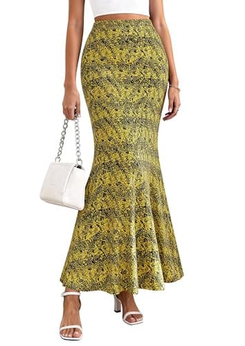 PRETTYGARDEN Women's Maxi Skirt 2026 Summer Flowy Polka Dot Floral High Waisted Mermaid Office Work Spring Long Slip Skirts (Black Yellow Flower,X-Small) - Image 1