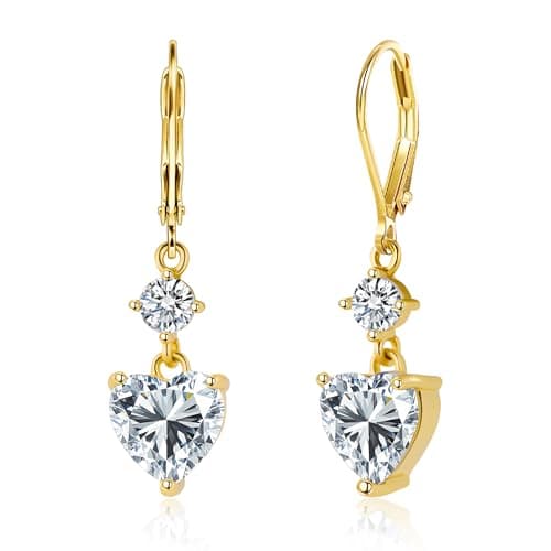 14K Gold Heart Dangle Earrings for Women, 925 Sterling Silver Dangling Drop Halo Hearts Shaped earring Dangly Cubic Zirconia Leverback Earring Valentine Trendy Earrings - Image 1