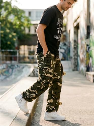 DISLANBO Men’s Camo Cargo Pants Cuffs Lightweight Relaxed Fit Straight Leg with Elastic Waist Drawstring Multi Pockets - Thumbnail 2