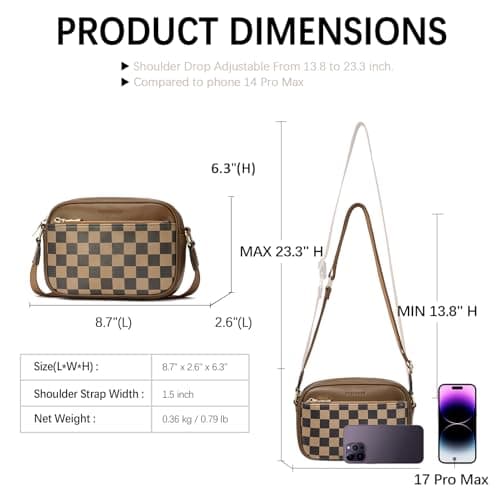 BOSTANTEN Quilted Crossbody Bags for Women Vegan Leather Purses Small Shoulder Handbags with Wide Strap Checkered Coffee - Thumbnail 3
