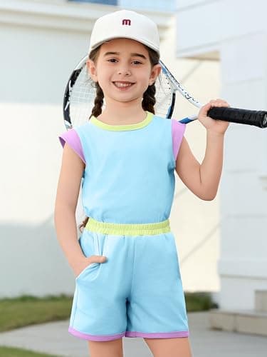 XMWEALTHY Girl Clothes Summer Outfits Color Block Short Sleeves T-Shirt with Short Sets 2 PCS Toddler Girls Fashion Sweatsuit Blue 5-6T - Thumbnail 2