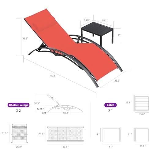 PURPLE LEAF Patio Chaise Lounge Set Outdoor Lounge Chair Beach Pool Sunbathing Lawn Lounger Recliner Chair Outside Tanning Chairs with Arm for All Weather Side Table Included Coral Red - Thumbnail 2