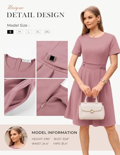 GRACE KARIN Summer Church Dresses for Women 2026 Short Sleeve A Line Work Dresses Fit and Flare Midi Dress with Pockets Gray Pink L - Thumbnail 3