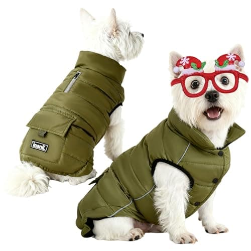 Dog Winter Puffer Jacket Waterproof, Reflective Furry Fleece Lined Dog Coats for Small Medium Dogs, Warm Snow Coat, Insulated Cold Weather Dogs Vest Jackets with Leash Hole, Olive - Image 1