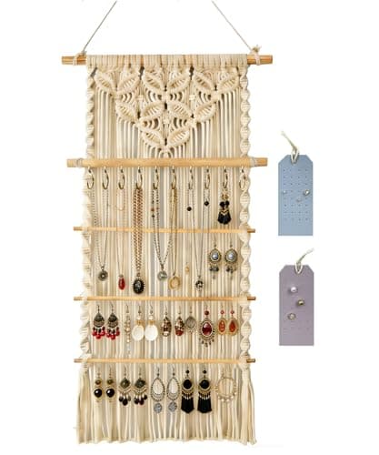 Macrame Jewelry Hanger, Hanging Jewelry Organizer,Boho Earring Holder Wall Mounted Necklace Holder, Tapestry Earrings Display, Bracelet Storage Minimalist Decor Tassel for Women Room (White) - Image 1