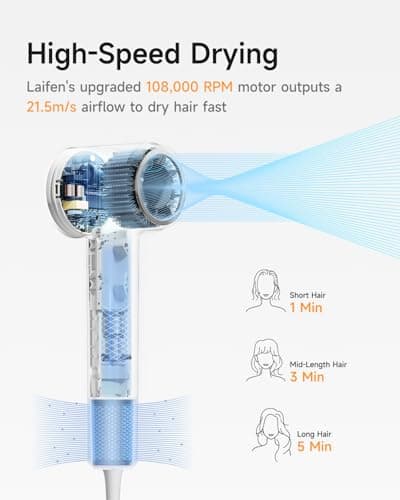 Laifen Hair Dryer SE 2, 200 Million Negative Ionic Blow Dryer with Child Mode and 108,000 RPM Brushless Motor, 1400W Powerful Fast Drying High-Speed Low Noise Hairdryer with Magnetic Attachments - Thumbnail 2