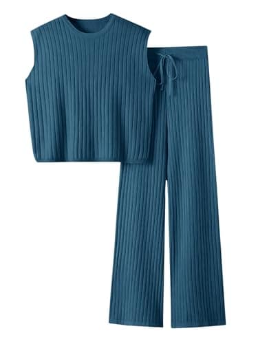 Imily Bela Womens 2 Piece Outfits Sweater Sets Knit Summer Casual Crewneck Sleeveless Tops Wide Leg Pants Tracksuits, Blue, Small - Image 1