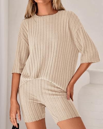 KIRUNDO Short Sets For Women Summer 2 Piece Matching Lounge Sets Casual Rib Knit Tshirts Biker Shorts Beach Vacation Outfits (Beige, Medium) - Thumbnail 4